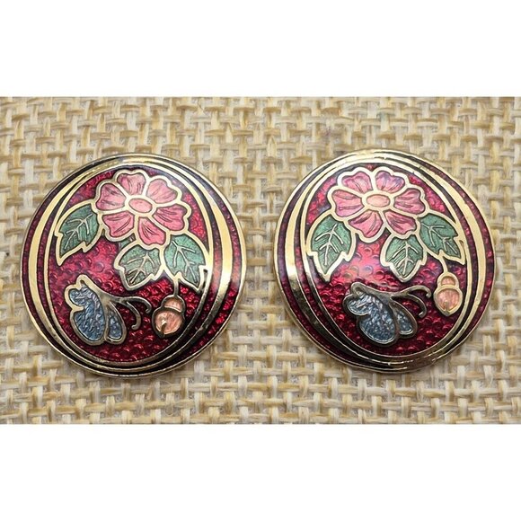 Beautiful Vintage Red & Gold Cloisonne Flower Butterfly Round Pierced Earrings - Picture 4 of 5